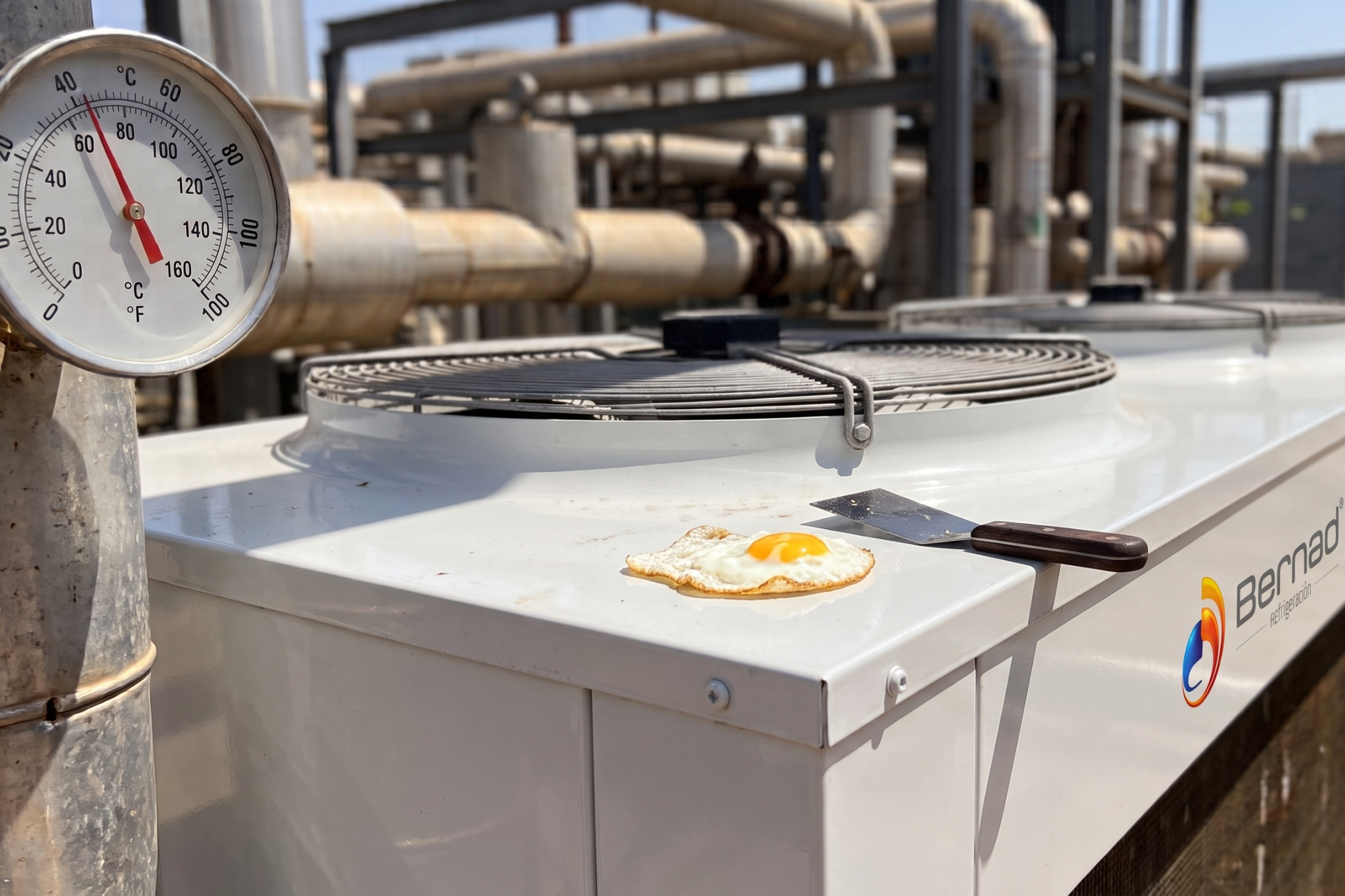 Huevo frito haciéndose sobre condensador frigorífico en plena ola de calor a más de 40ºC