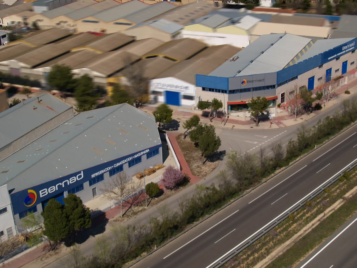 Aerial view of the Bernad buildings (Refrigeration · Air conditioning · Machinery) at the Campollano Business Park, Albacete
