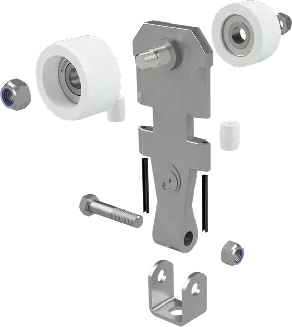 Exploded view of a twin track trolley: aluminium body, nylon wheels and stainless fork