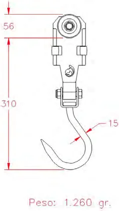 Drawing of the trolley with 15 mm hook for pork