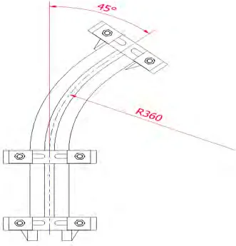 Drawing of a 45° twin track curve with 360 mm radius