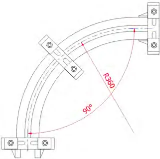 Drawing of a 90° twin track curve with 360 mm radius
