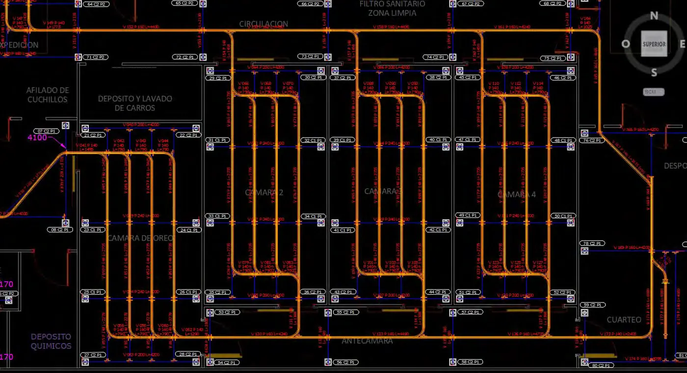 Layout drawing of a twin track rail network in a meat plant